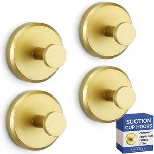 lot 6419 image: HOME SO Suction Cup Hooks for Shower, Bathroom, Kitchen, Glass Door, Mirror, Tile �� Loofah, Towel, Coat, Bath Robe Hook Holder for Hanging up to 15 lbs �� Waterproof, Matte Brushed Satin Gold (4-Pack) - Retail $27