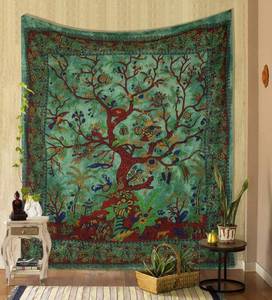lot 6427 image: THE ART BOX Tapestry Green Tree of Life Wall Hanging �� Indian Cotton King Bedspread, Picnic Sheet, Wall Blanket, Bedroom Tapestry (90x105 Inch)