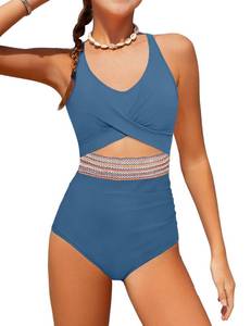 lot 6435 image: Girls Swimsuits Size 10-12 Girls Bathing Suit Criss Cross Cutout Bathing Suits Color Block Stitching One Piece Swimsuits Back Tie Swimwear Dark Blue 11-12Y - Retail $15