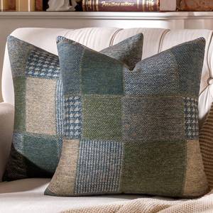 lot 6437 image: AmHoo Set of 2 Throw Pillow Covers Woolen Patchwork Checkered Farmhouse Decorative Square Pillows Cover Pillowcase for Sofa Couch Bed 18 x 18-Inch Blue - Retail $19