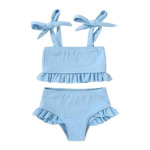 lot 6447 image: YOUNGER TREE Toddler Girls Two Pieces Swimsuit Color Block Stripe Swimwear Summer Beach Bathing Suit Blue 12-18 Months - Retail $17