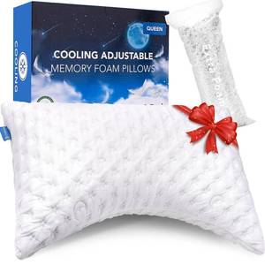 lot 9165 image: Cooling Side Sleeper Pillow for Neck and Shoulder Pain, Luxury Shredded Memory Foam Curved Bed Pillows for Sleeping Set of 1- Adjustable Queen Size- Washable Cover Crescent White - Retail $40