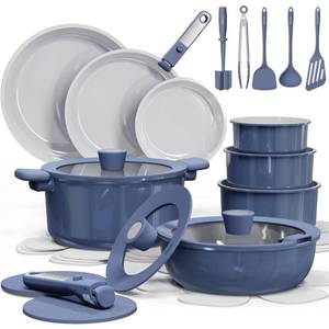 lot 9166 image: CAROTE 27pcs Ceramic Cookware Set Nonstick, Pots and Pans Set Non stick, Non Toxic Cookware, DishwasherOven Safe, RVCamping Cookware Set, Pan and Pot with Kitchen Utensils, Navy Blue - Retail $190