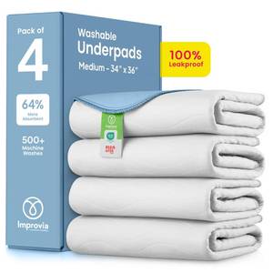 lot 9170 image: IMPROVIA� Washable Underpads, Heavy Absorbency Reusable Incontinence Pads for Kids, Adults, Elderly, and Pets - Waterproof Protection Floor White & Blue (4 Pack - 34x36) - Retail $31