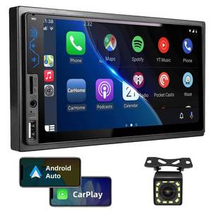 lot 9179 image: Double Din Car Stereo Compatible with Apple CarPlay and Android Auto - 7inch HD Touchscreen Car Audio Receivers with Bluetooth, Mirror Link, Backup Camera, SWCUSBAUXTFSubwoofer, FM Car Radio - Retail $57