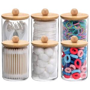 lot 9182 image: Tbestmax 6 Pack Qtip Holder, 10-Ounce Apothecary Jars with Bamboo Lids for Cotton Ball Swab Pad Dispenser, Bathroom Canisters Organizer - Retail $16