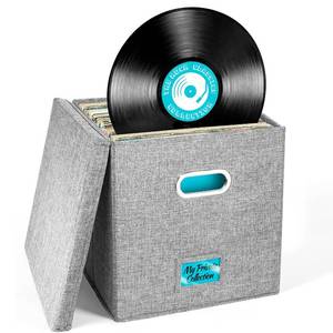 lot 9205 image: Vinyl Record Storage Box for up to 50 12-Inch Albums, Records Crate, LP Album Storage, Fabric Storage Boxes with Lids for Moving, Office, Closet, Home Organizer 13x13x13 (Gray) - Retail $16