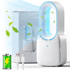 lot 9207 image: Misby Rechargeable Desk Fan, 5-color LED Light Bladeless Table Fan of 11.8 Inch, White Desk Fans Small Quiet for Bedroom, Home, Office - Retail $37