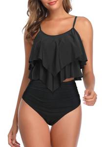 lot 10229 image: Black Bikini Set High Waisted Two Piece Swimsuits for Women Ruffled Flounce Top Bathing Suits Bikini 02 Black 6-8 - Retail $26