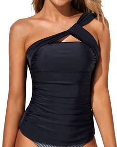 lot 18192 image: Tempt Me Women Black Tankini Top Swim Tops Ruched One Shoulder Bathing Suit Swimsuit Tops Only M - Retail $25