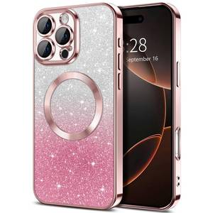 lot 18195 image: Hython for iPhone 16 Pro Case Clear Magnetic Glitter Phone Cases Compatible with MagSafe Full Camera Lens Protector Slim Gradient Sparkle Luxury Plating Shockproof Protective Cover Women, Pink - Retail $15