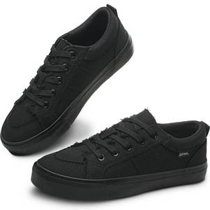 lot 19711 image: Obtaom Women Canvas Sneakers Cute Lace up Canvas Fashion Shoes Low Top Washed Canvas Flat for Lady(BlackBlack,US7) - Retail $23