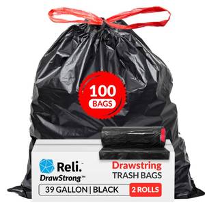 lot 19719 image: Reli. 39 Gallon Trash Bags Drawstring (100 Count) Large 39 Gallon Heavy Duty Drawstring Trash Bags, Garbage 39Gal Capacity, Lawn Leaf (39Gal, Black) - Retail $31