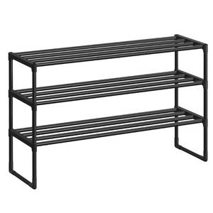 lot 19724 image: SONGMICS Shoe Rack, 3-Tier Shoe Organizer, Metal Storage Shelf, Upright or Upside Down, for 16-20 Pairs, Stackable, for Entryway, 11.8 x 36.2 x 21.7 Inches, Black ULSA303B02 - Retail $18