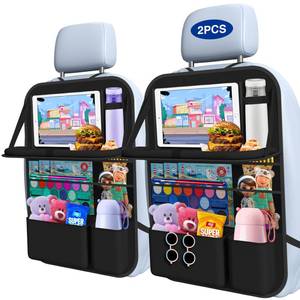 lot 19731 image: Oneyus Car Backseat Organizer with Table Tray(2-Pack) 9 Storage Pockets Backseat Car Organizer and storage with Tablet Holder, Kick Mats Back Seat Cover for Kids family Road Trip Essentials Travel - Retail $25