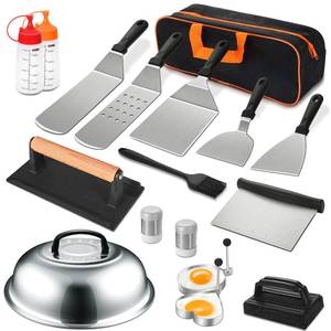 lot 19745 image: 18PCS Griddle Accessories Kit, Flat Top Grill Accessories Set for Blackstone and Camp Chef, Grill Spatula Set with Enlarged Spatulas, Basting Cover, Scraper for Outdoor BBQ - Retail $33