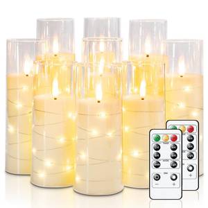 lot 19752 image: Raycare Flameless Candle with Remote Timer �� 9 Flickering Acrylic Battery Operated LED Pillar Candles with Embedded Star String for Halloween, Home Decor, and as a Gift (Ivory) - Retail $30