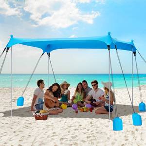 lot 19758 image: Gorich Beach Tent Sun Shelter with 8 Sandbags, UPF50 Protection & Windproof Pop Up Beach Canopy Tent Sun Shade for Family, Travel & Camping, Easy Setup Canopy Umbrella - Retail $90