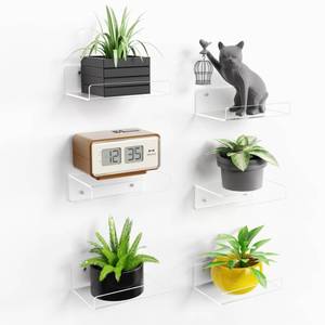 lot 19775 image: upsimples 6 Pack 6 x 4 Acrylic Small Shelves, Floating Shelves for Wall, Display Shelf Organizer for Plants, Speaker, Radio, Toys, Clear - Retail $36