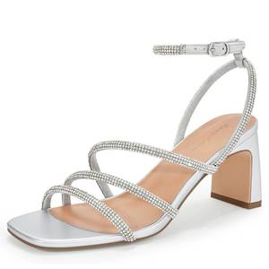 lot 19777 image: CosyFever Womens Rhinestone Sandals Ankle Strap Square Toe Shoes Silver Dressy Heels for Party Wedding Dating - 5 B(M) US - Retail $40
