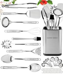 lot 19780 image: Home Hero 32 Pcs Stainless Steel Kitchen Utensils Set - Nonstick Stainless Steel Cooking Utensils Set - Heat Resistant Kitchen Essentials & Metal Kitchen Gadgets (32 Pcs) - Retail $50