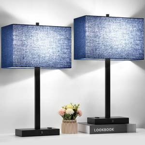 lot 19782 image: Lynnoland 21 Set of 2 Bedside lamp with USB AC & AC Outlets, Touch Control 3-Way Dimmable Nightstand Lamps for Bedroom Living Room Office Reading, Blue Shade Touch Lamps, 5000K LED Bulbs Included - Retail $57