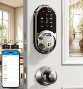 lot 19794 image: Veise RZ07C Smart Locks for Front Door, 2 Knob Handle Set, Fingerprint Keyless Entry, App Control Biometric Lock, Electronic Digital Touchscreen Keypad Deadbolt, Easy Install, Auto Lock, Satin Nickel - Retail $120