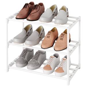 lot 19804 image: TAUEHR Small Stackable Shoe Rack,Narrow Kids Shoe Stand,Metal Shoe Storage Shelf for 6-8 Pairs ofShoes Entryway and Closet Hallway (3-Tier, White) - Retail $10