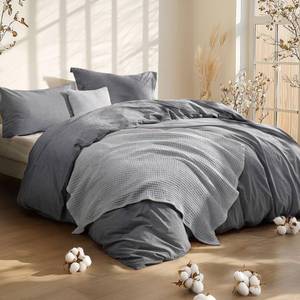 lot 19807 image: Bedsure 5 PCS Cotton Comforter Set with Waffle Throw Blanket - Soft Breathable Bedding Set for All Seasons, Dark Grey Comforter Full Size, Pillow Shams, Grey 100% Cotton Blanket, Throw Pillow