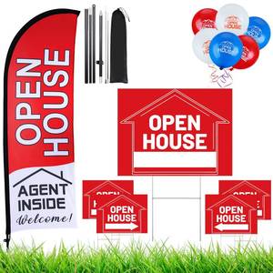 lot 19820 image: Buryeah Open House Signs Set (36 Pcs Total), 1 Open House Flag with Pole Kit for Yard, 5 Double Sided Real Estate Business Agent Directional Arrows Signs with Metal Stakes and 30 Balloons(Red) - Retail $43