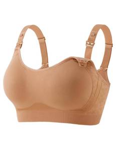 lot 20118 image: HOFISH Nursing Bra for Breastfeeding with Fixed Pad, TwinClips Wearable Pump Bra, Adjustable Comfort Maternity Bra for Pregnancy, Brown, XL - Retail $30