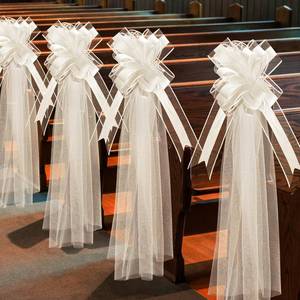 lot 20120 image: FineCheer 12 Set Large Wedding Pew Bows with Long Tulle Tails Church Chair Aisle Decorations Wedding Car Decoration Big Bows for Bridal Shower Reception Birthday Anniversary (Champagne) - Retail $22