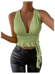 lot 20128 image: SOLY HUX Womens Sexy Deep V-Neck Halter Crop Top Summer Beach Vacation Clothes Y2K Trendy Tank Top for Going Out Party Plain Green Small - Retail $20