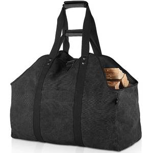 lot 20130 image: BONTHEE Extra Large Waterproof Firewood Log Carrier Canvas Firewood Holder Indoor with Shoulder Strap and Top Handles Contained Weight-Relief Pad for Easy Carry - Black - Retail $30
