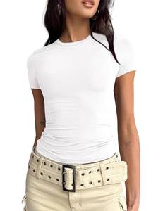 lot 20139 image: BAIGRAM Women��s Basic Slim fit Crop Top Tee Shirt Short Sleeve Workout Round Neck Cropped Tshirt White - Retail $13