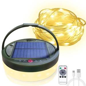 lot 20140 image: Camping String Lights, 39Ft Fairy Strip, Solar & USB Rechargeable Portable Tent Lantern with Remote Control & 5 Lighting Modes for Hiking, Night Trip, Events Decoration Indoor Outdoor IP44 Waterproof - Retail $29