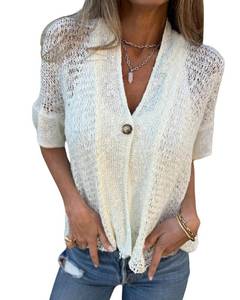 lot 20142 image: CORIRESHA Womens Spring Half Sleeve Crochet Cardigan Button V Neck Lightweight Knit Top White - Retail $21
