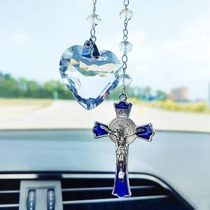 lot 20157 image: Elegant Cross Rear View Mirror Accessories, Crystals Sun Catcher Car Mirror Hanging Accessories, Heart-Shaped Crystal Pendant Suncatcher Car Decor, Hanging Ornament for Blessing and Positive Energy - Retail $13