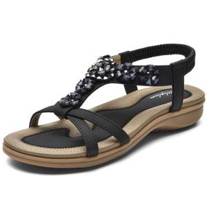 lot 20401 image: Littleplum Sandals for Women Arch Support Flat Sandal Casual Summer Bohemian Flower Decoration Rhinestone Open Toe Flats Dressy Shoes Black Size 8.5 - Retail $20