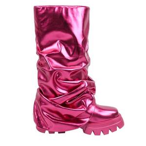 lot 20402 image: DETOGNI Womens Metallic Mid Calf Pull-On Fit Boots Scrunched Foldover Chunky Platform Sole Rounded Toe Booties - Retail $70
