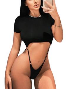 lot 20406 image: Avidlove Womens Lingerie Short Sleeve Scoop Neck Bodysuit Tops Open Back Sexy Crop Top T Shirt - Retail $15