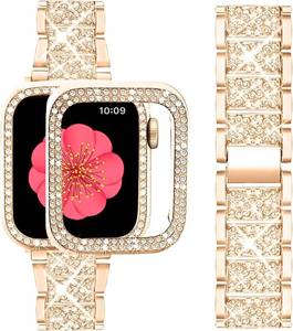 lot 20415 image: SSUPOIX Compatible with Apple Watch Band S11 S10 46mm  Case, Women Jewelry Bling Diamond Metal Strap & 2P Cover Cases for iWatch Series 1110(Rose Gold,46mm) - Retail $19