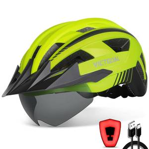 lot 20417 image: VICTGOAL Bike Helmet with USB Rechargeable Rear Light Detachable Magnetic Goggles Removable Sun Visor Mountain & Road Bicycle Helmets for Men Women Adult Cycling Helmets (L 57-61 cm, Yellow) - Retail $41