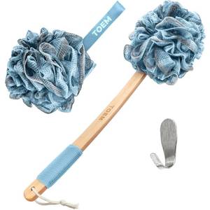 lot 20418 image: Toem Loofah Back Scrubber for Shower  Bamboo Charcoal Fiber Infused  Loufas for Men & Women  Includes 1 Long Handled Shower Sponge, 1 Bath & Shower Luffa Pouf & 1 Hook to Hang Stuff (Sky Blue) - Retail $89