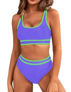 lot 20426 image: BMJL Womens High Waisted Bikini Sets Sporty Two Piece Swimsuits Color Block Cheeky High Cut Bathing Suits(XL,Light Purple) - Retail $32