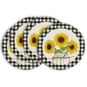 lot 20427 image: Artoid Mode Buffalo Plaid Sunflower Sunshine Vase Round Summer Placemats Set of 4, 14 Inch Spring Fall Table Mats for Dining Decoration - Retail $12