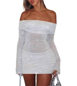 lot 20440 image: Sexy Off Shoulder Bodycon Mini Dress for Women Mesh Sheer Ruched Sparkly Flared Long Sleeve Y2K Dress Party Club Night Out Dresses White Medium  - Retail $40