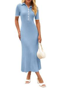 lot 20442 image: MEROKEETY Womens V Neck Ribbed Knit Maxi Dress Button Short Sleeve Slim Fit Bodycon Sweater Dress, Blue, Medium - Retail $43