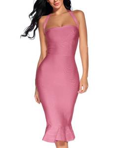 lot 20447 image: Womens Bandage Dress Sexy Halter Fishtail Bodycon Party Club Elegant Wedding Guest Dress (Antique Pink, L) - Retail $72
