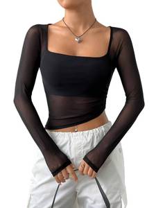 lot 20448 image: Milumia Womens Mesh Square Neck Long Sleeve Sheer Crop Top Hanky Hem T-Shirts Black Large - Retail $13